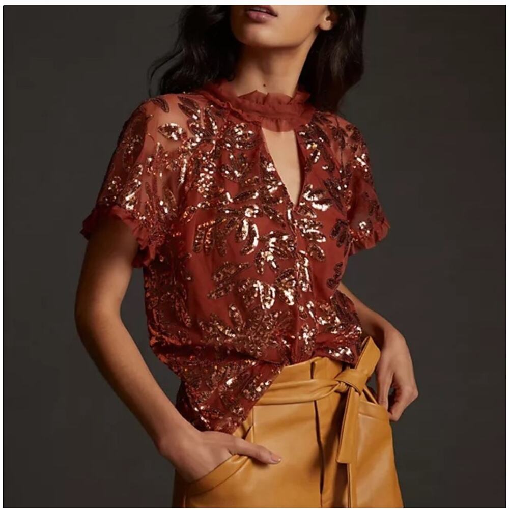 Anthropologie Sequin Lace Cut Out Blouse
